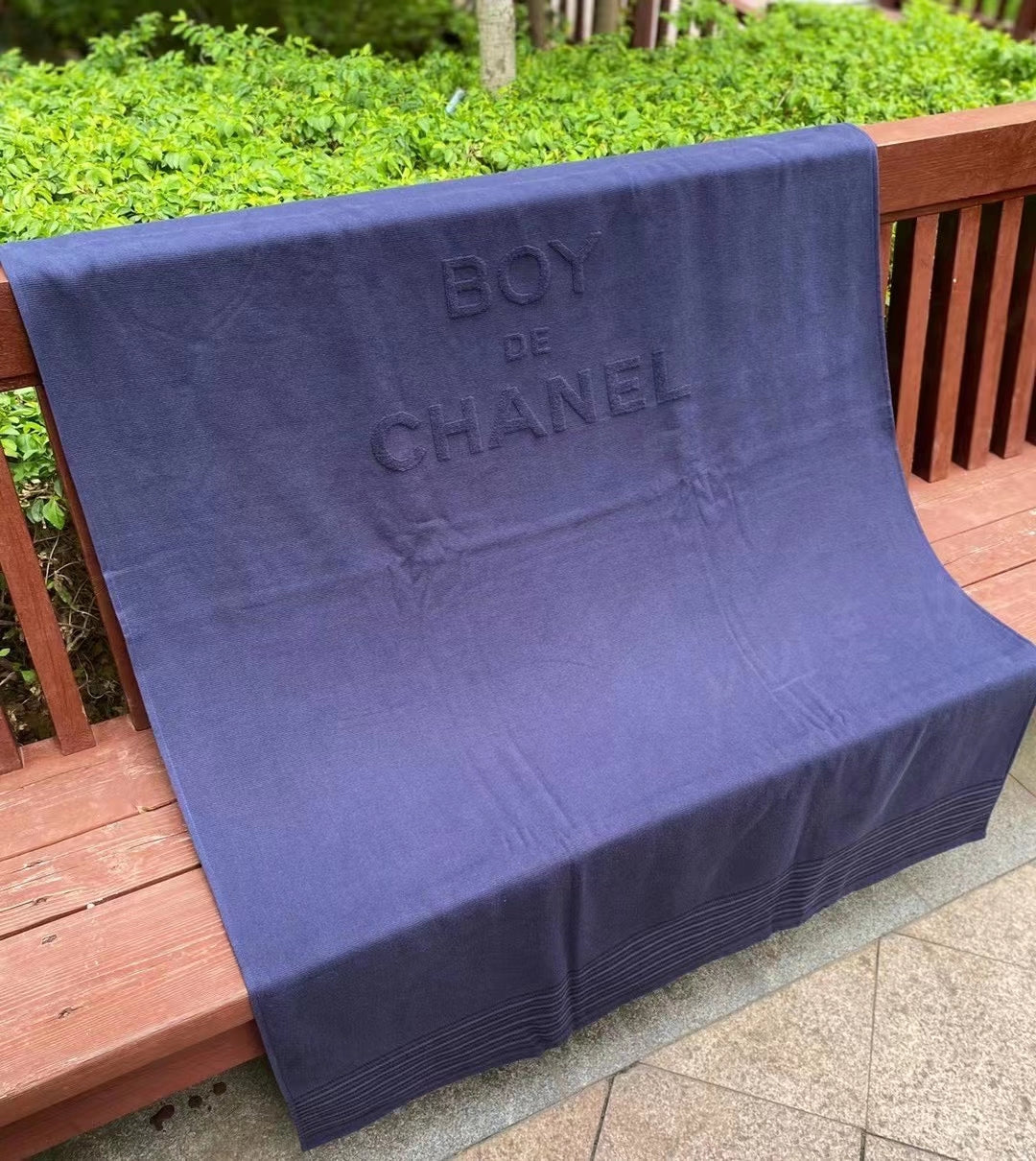 Boy De Chanel Dark Blue Large Beach Towel in Pouch Bag 188 x 102cm