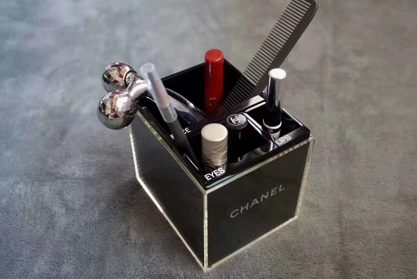 Chanel black acrylic makeup tools holder tray