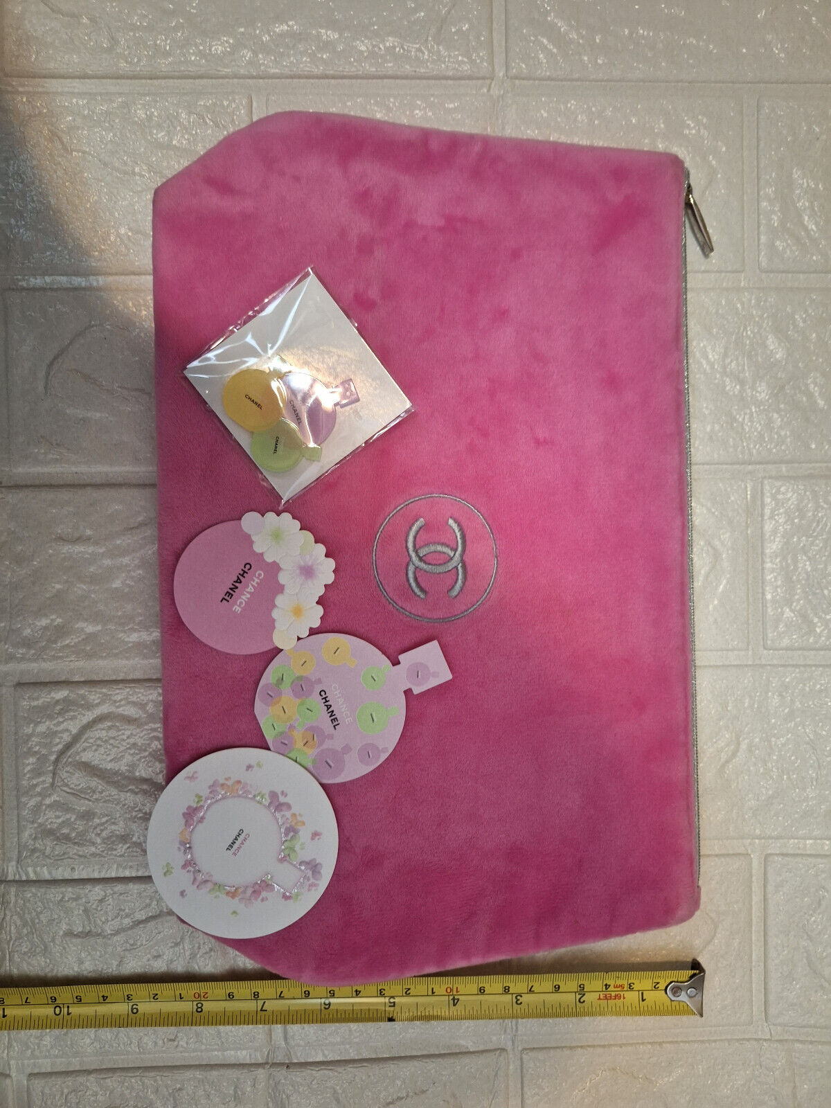 Chanel Chance pink large plush Pouch Bag + Pins set
