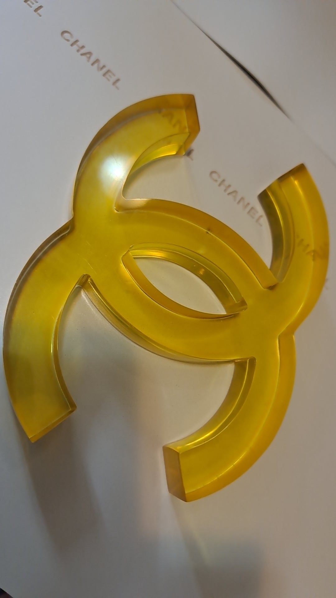 Chanel Yellow Acrylic Logo Shop Display Decor Stand rare