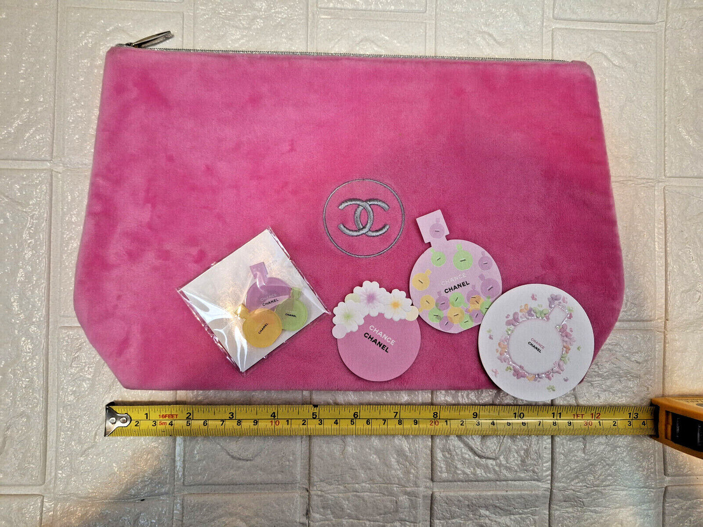 Chanel Chance pink large plush Pouch Bag + Pins set