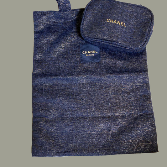 Chanel 2023 Christmas Navy Gold tote bag with make up bag set of 2pcs