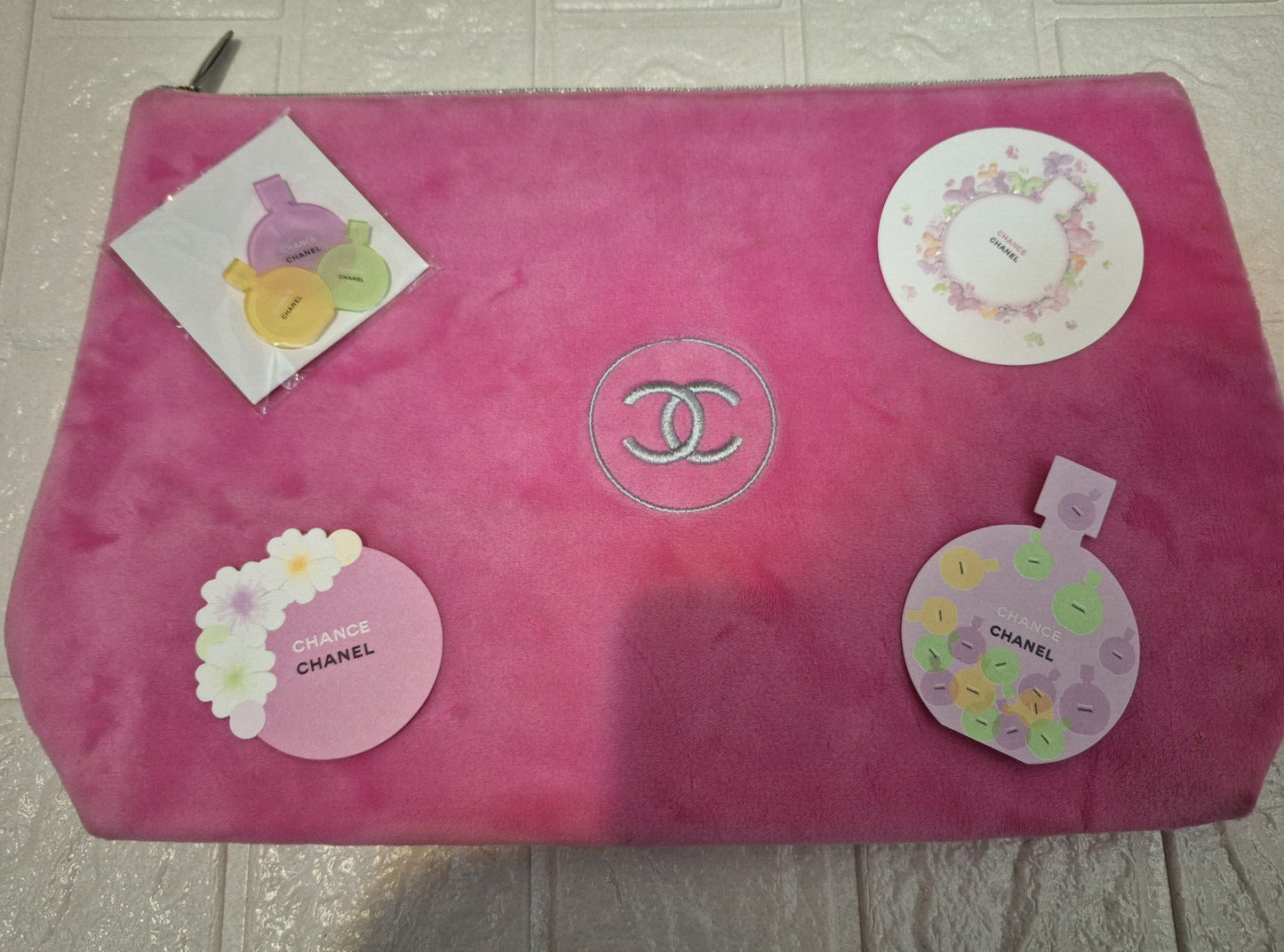 Chanel Chance pink large plush Pouch Bag + Pins set