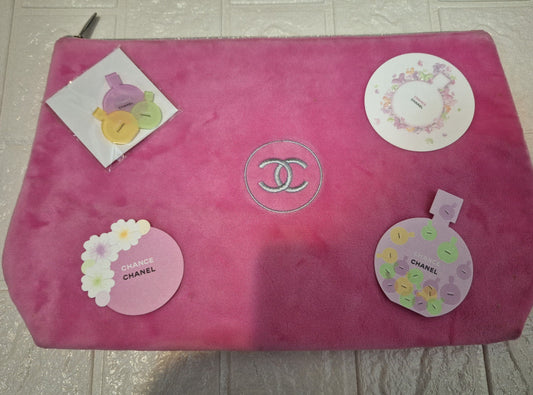 Chanel Chance pink large plush Pouch Bag + Pins set