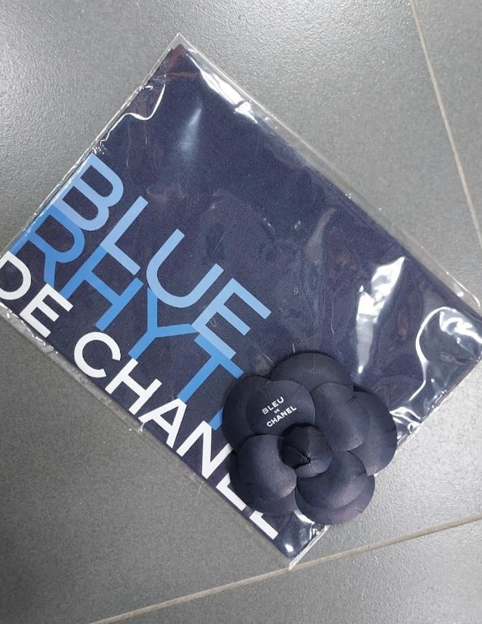 Bleu De chanel Navy envelope small vinyl bag with paper Camellia brooch