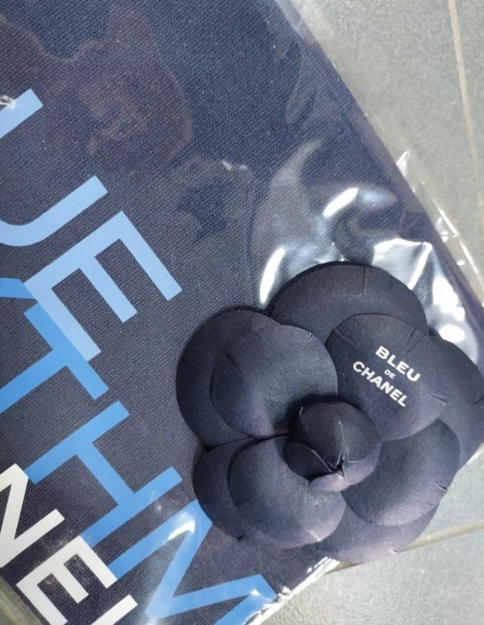 Bleu De chanel Navy envelope small vinyl bag with paper Camellia brooch