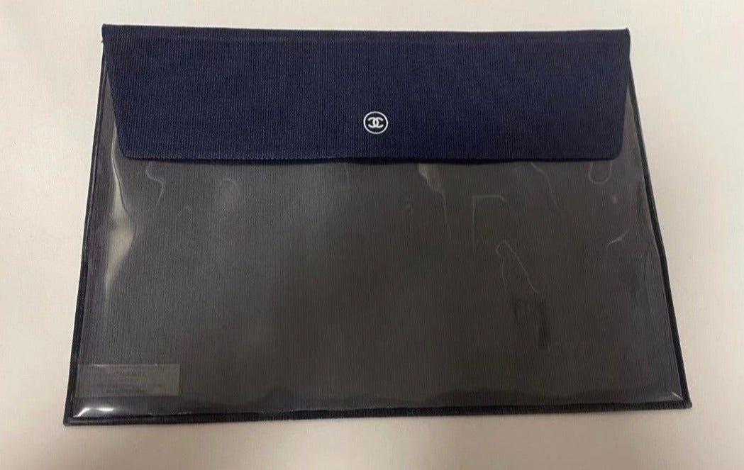 Bleu De chanel Navy envelope small vinyl bag with paper Camellia brooch