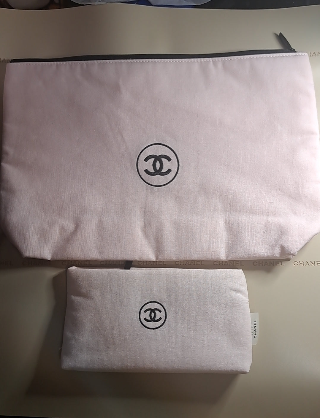 Chanel le lift pink large linen Pouch Bag + makeup bag set