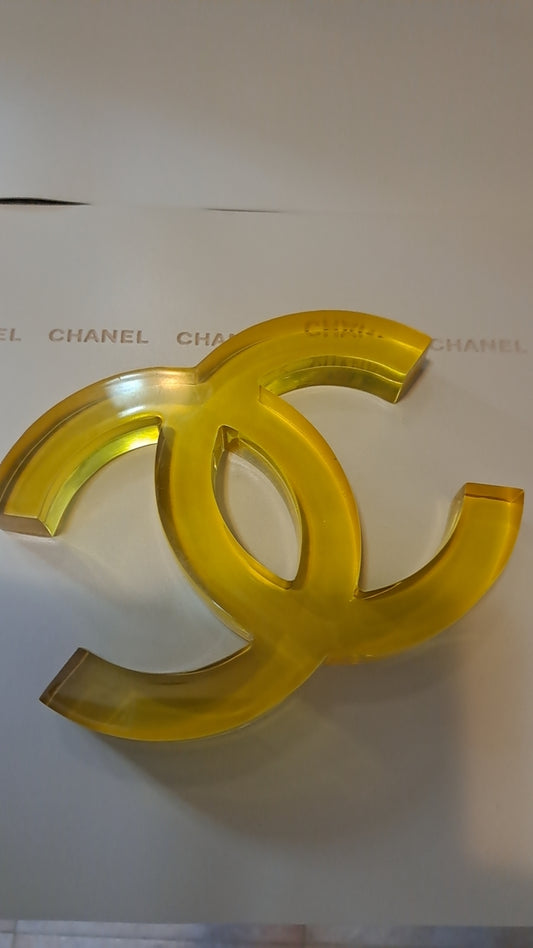 Chanel Yellow Acrylic Logo Shop Display Decor Stand rare