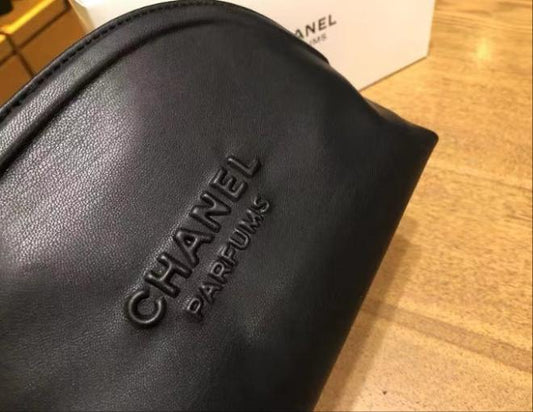 Chanel Beauty Black Faux Leather Cosmetic Makeup Bag Pouch VIP Gift
