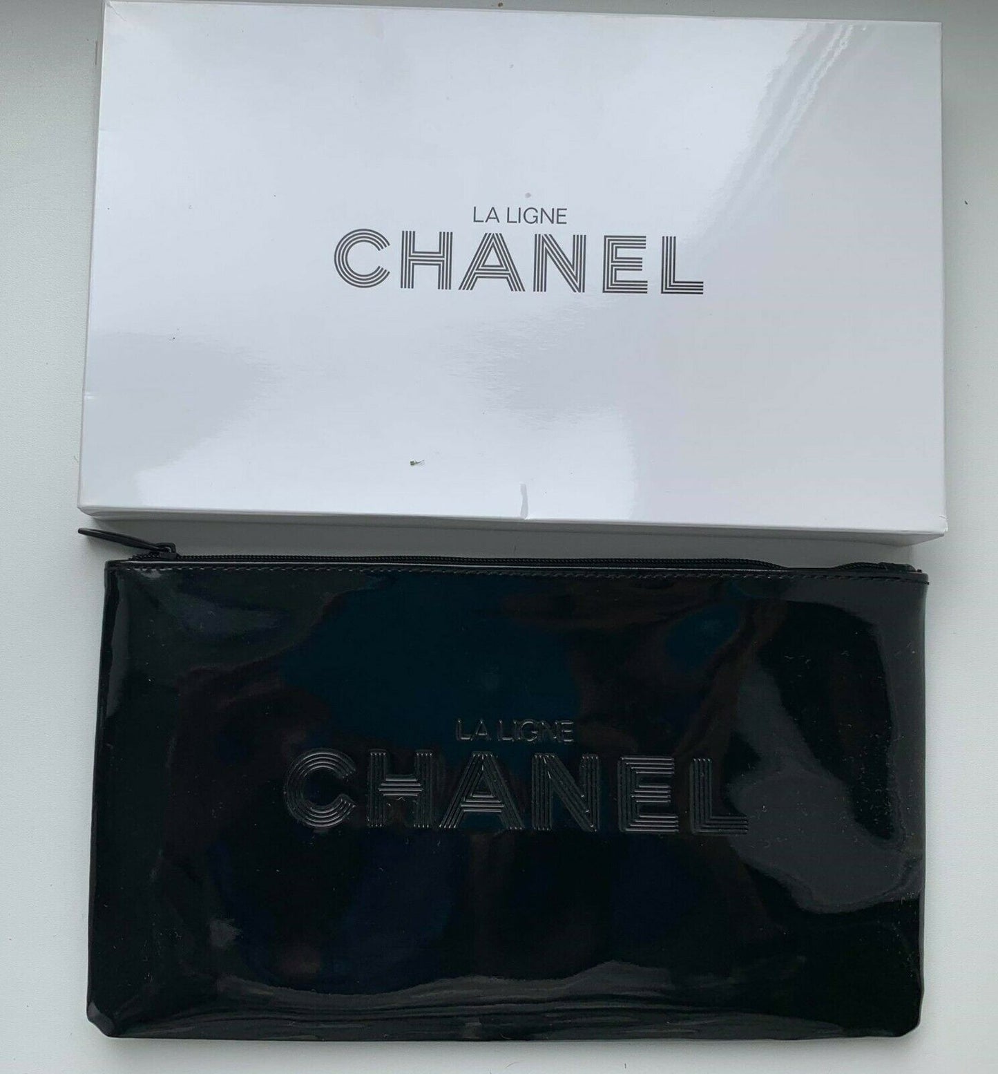 Chanel LA Ligne chanel Black Patent Makeup Pouch bag in Box