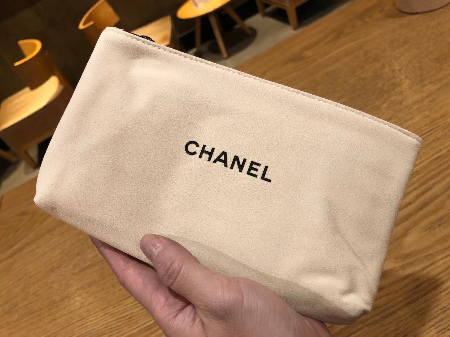 Chanel Suede Beige Handy Makeup Pouch