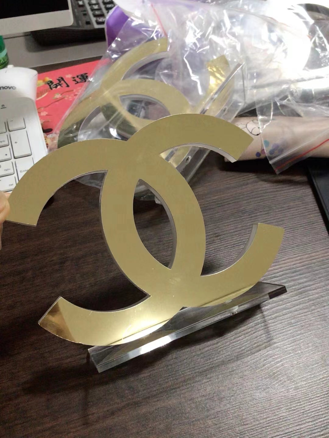 Chanel Gold Plastic Logo Shop Display Decor Stand rare