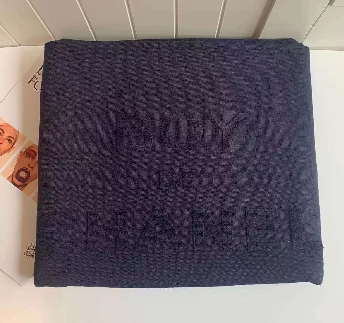 Boy De Chanel Dark Blue Large Beach Towel in Pouch Bag 188 x 102cm