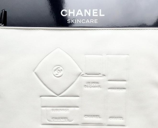 Chanel skincare White Embossed pouch bag in box