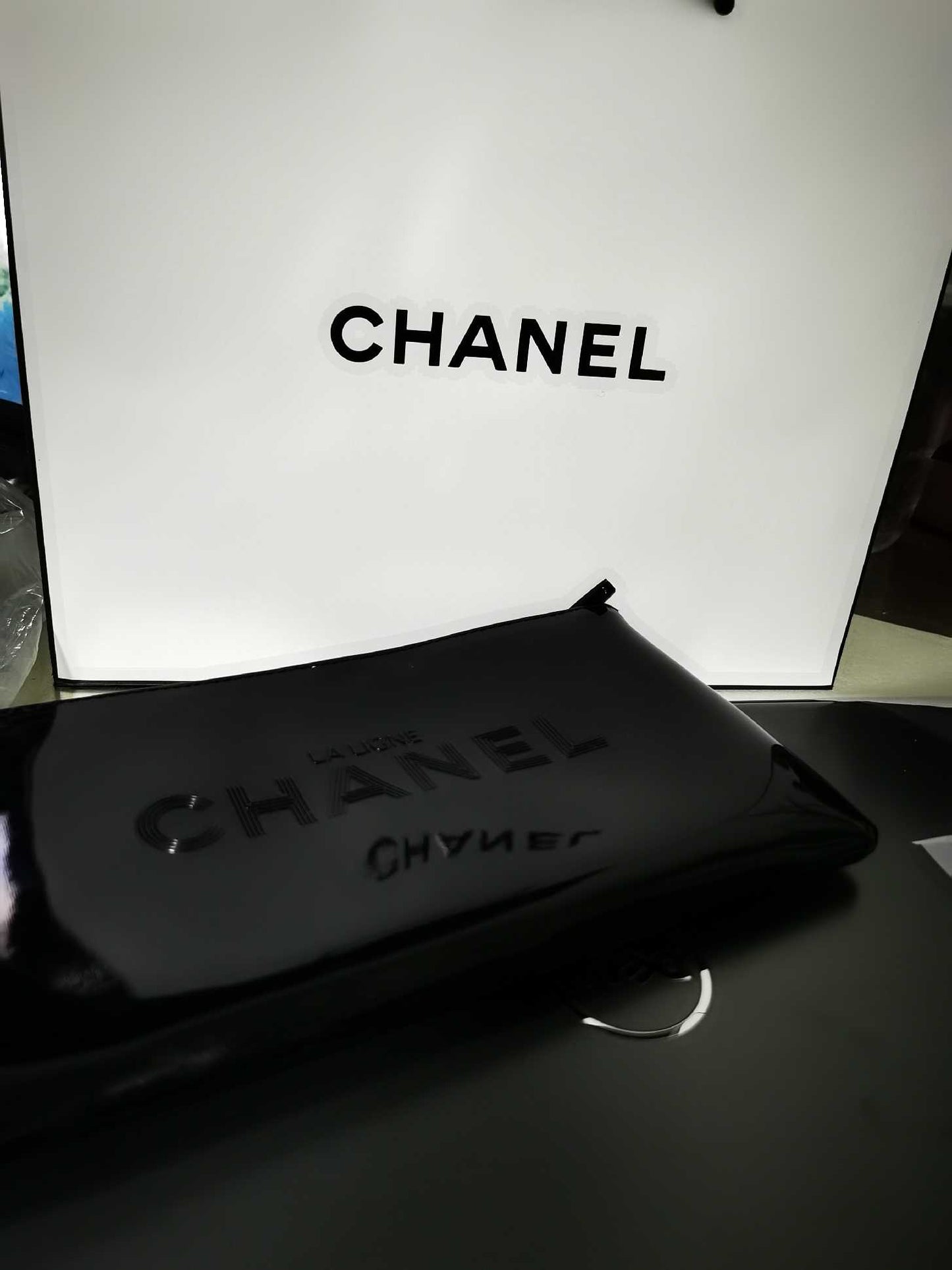 Chanel LA Ligne chanel Black Patent Makeup Pouch bag in Box