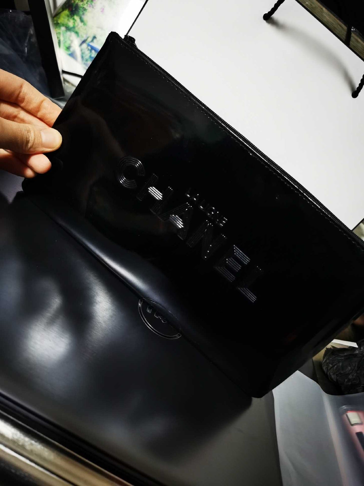 Chanel LA Ligne chanel Black Patent Makeup Pouch bag in Box