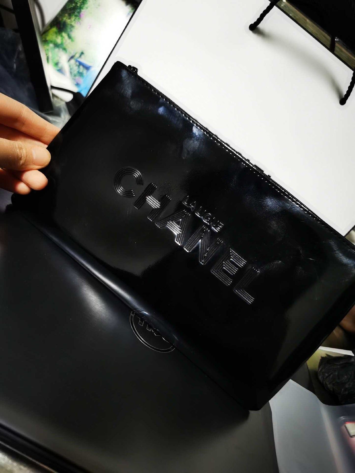 Chanel LA Ligne chanel Black Patent Makeup Pouch bag in Box