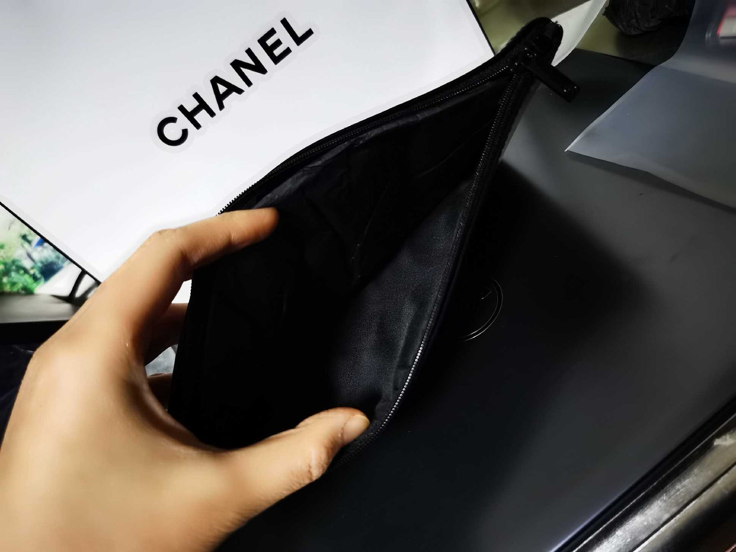 Chanel LA Ligne chanel Black Patent Makeup Pouch bag in Box