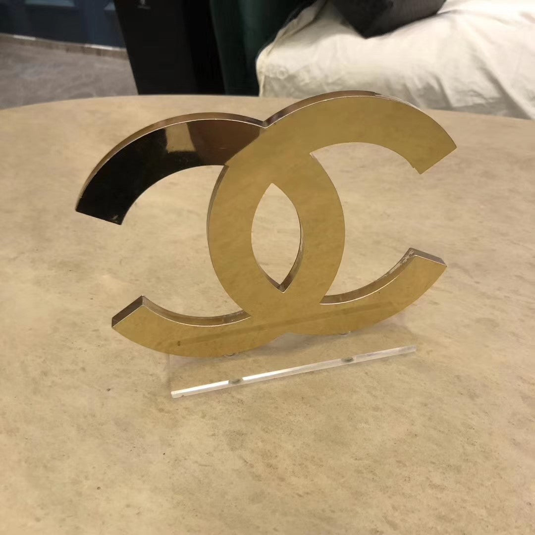 Chanel Gold Plastic Logo Shop Display Decor Stand rare